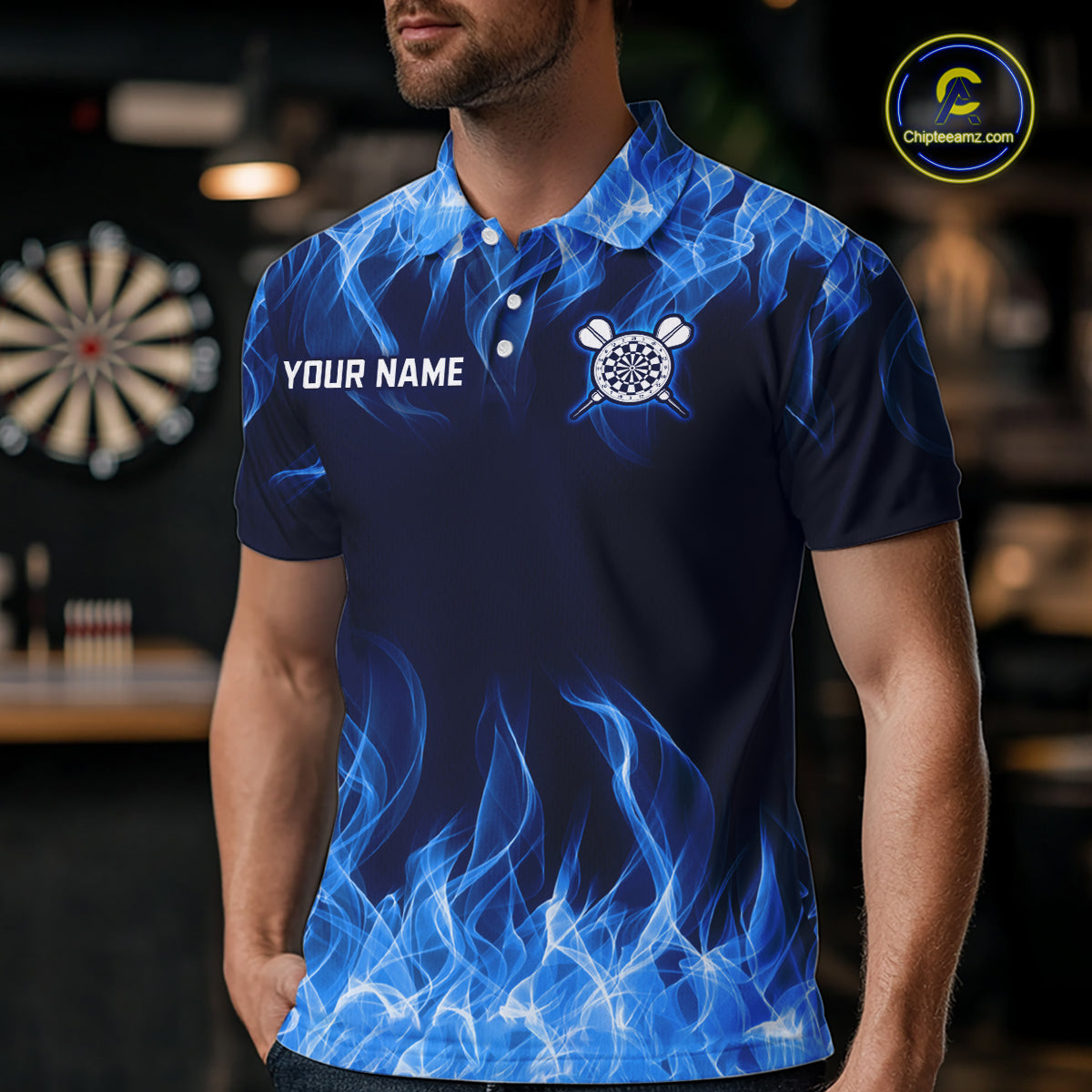 Custom Blue Fire Flame Darts Board Dart Tournament Dart Shirts For Men Darts Team Jerseys NNT118
