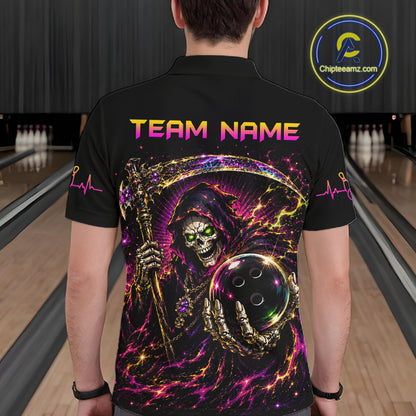 Person wearing a black bowling shirt with colorful design and 'Team Name' text in a bowling alley.