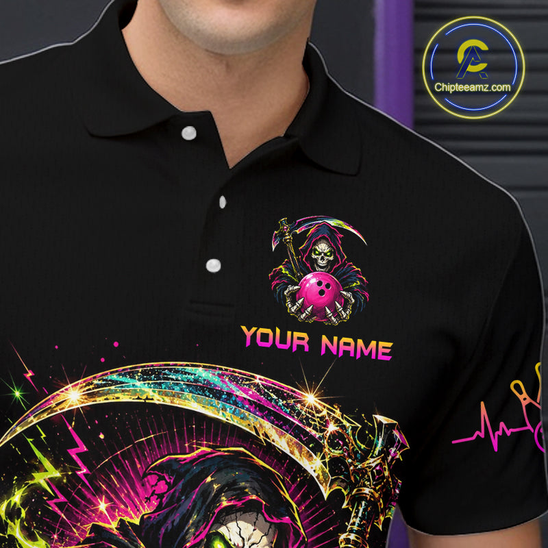 Black polo shirt with colorful design and 'Your Name' text, featuring a brand logo in the corner.