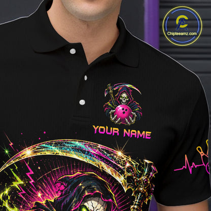 Black polo shirt with colorful design and 'Your Name' text, featuring a brand logo in the corner.