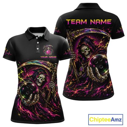 Black polo shirt with colorful skeleton design and 'Team Name' text on a white background