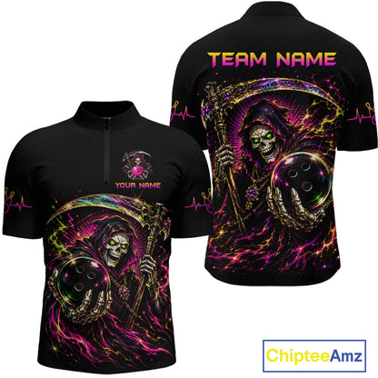 Black shirts with colorful grim reaper design on a white background, featuring 'Team Name' and 'Your Name' text.