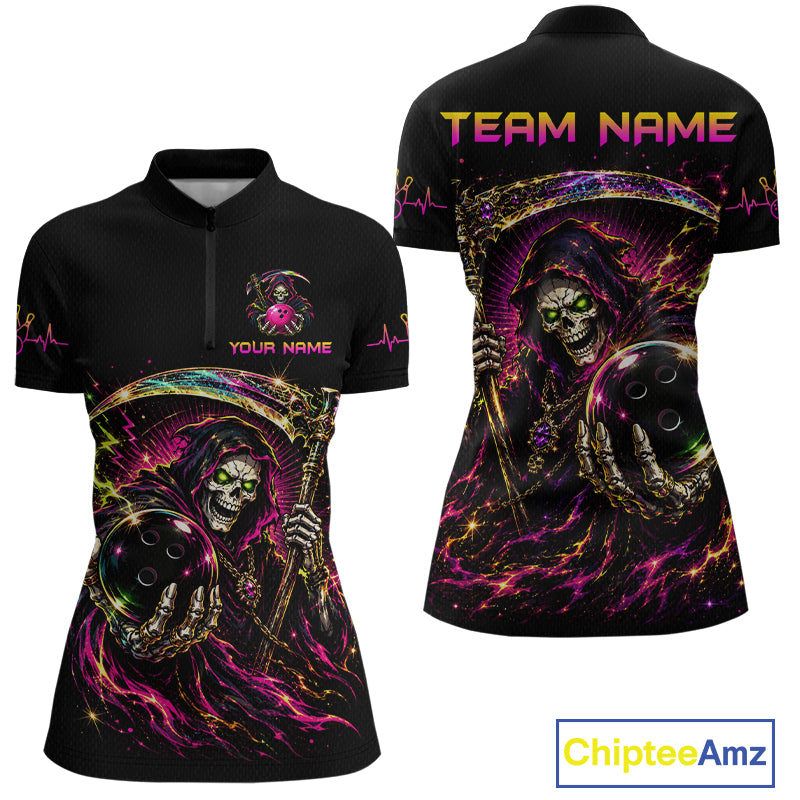 Black polo shirt with colorful grim reaper design on front and back, featuring 'Team Name' text.