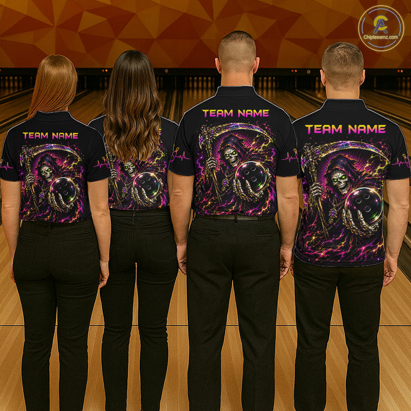 Four people wearing matching shirts with a team name on a bowling alley.