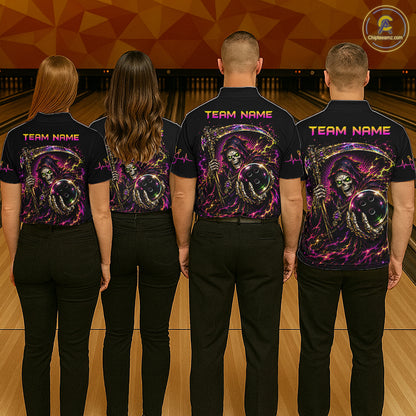 Four people wearing matching shirts with a team name on a bowling alley.