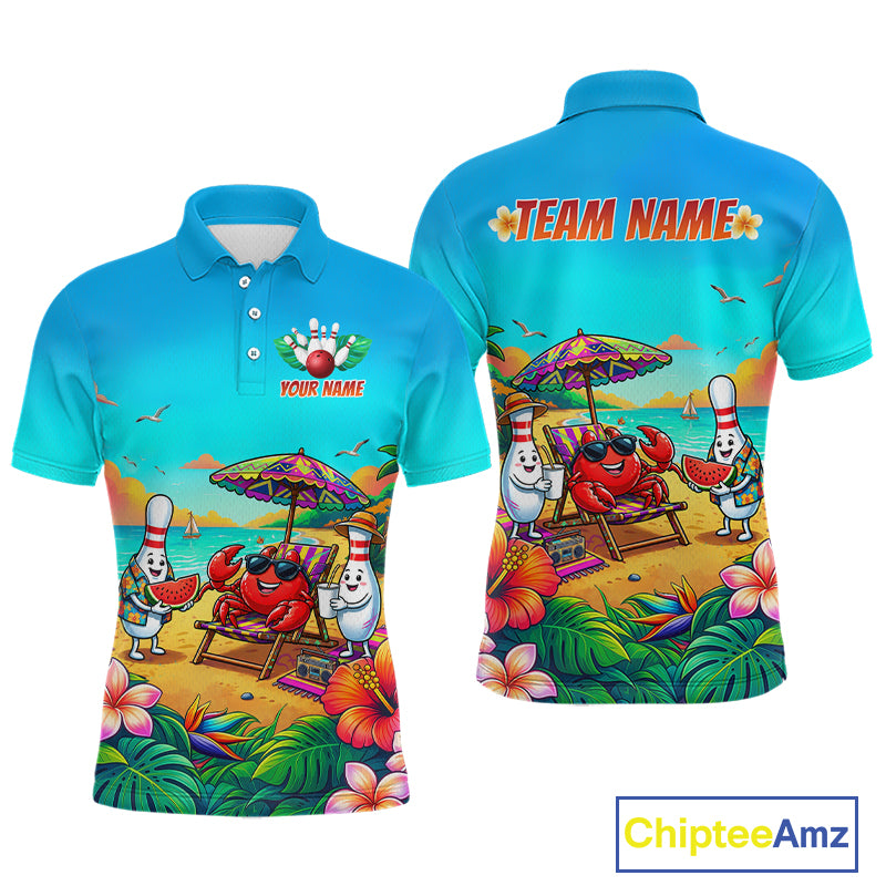 Front and back views of a turquoise beach-themed bowling polo with tropical flowers, a crab on a lounge chair, bowling pin characters, and custom team text.