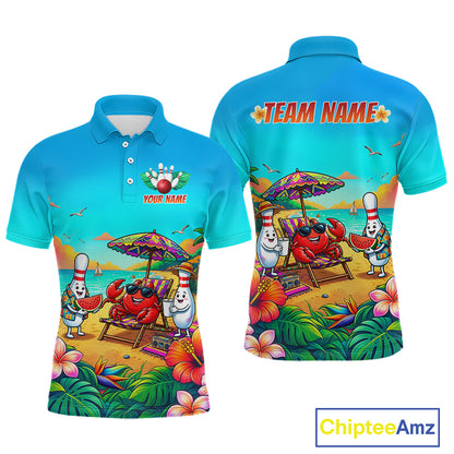 Front and back views of a turquoise beach-themed bowling polo with tropical flowers, a crab on a lounge chair, bowling pin characters, and custom team text.