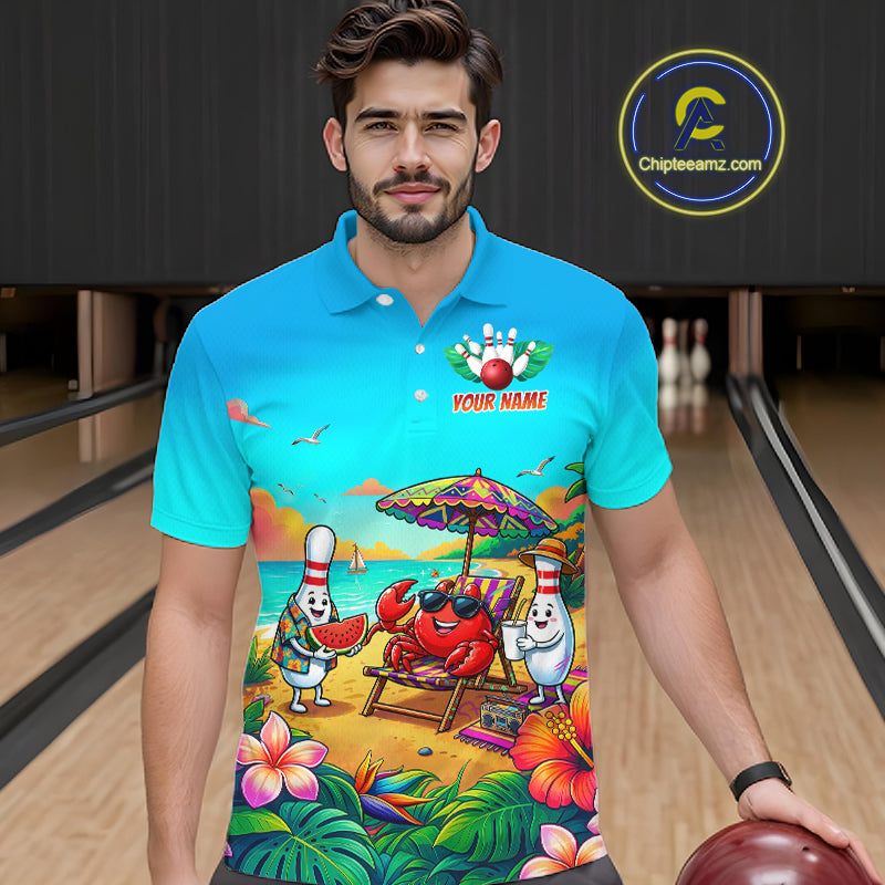 Man wearing a turquoise beach-themed bowling polo with tropical flowers, a crab on a lounge chair, bowling pin characters, and custom team text.