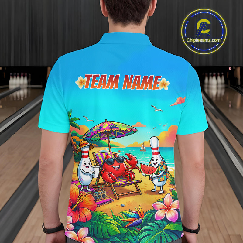 Man wearing a turquoise beach-themed bowling polo with tropical flowers, a crab on a lounge chair, bowling pin characters, and custom team text.