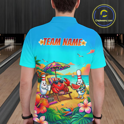 Man wearing a turquoise beach-themed bowling polo with tropical flowers, a crab on a lounge chair, bowling pin characters, and custom team text.