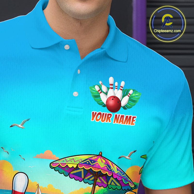 Blue polo shirt with a colorful design and 'Your Name' text, featuring a bowling ball and pins.