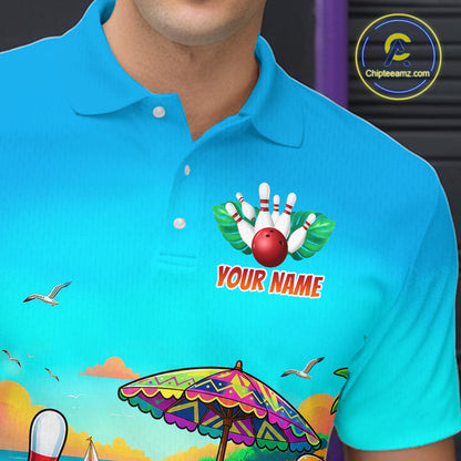 Blue polo shirt with a colorful design and 'Your Name' text, featuring a bowling ball and pins.