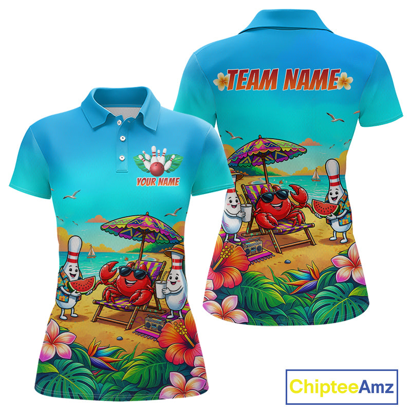 Colorful polo shirt with beach-themed design and customizable text on a white background