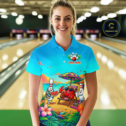 Woman wearing a colorful shirt with cartoon characters in a bowling alley