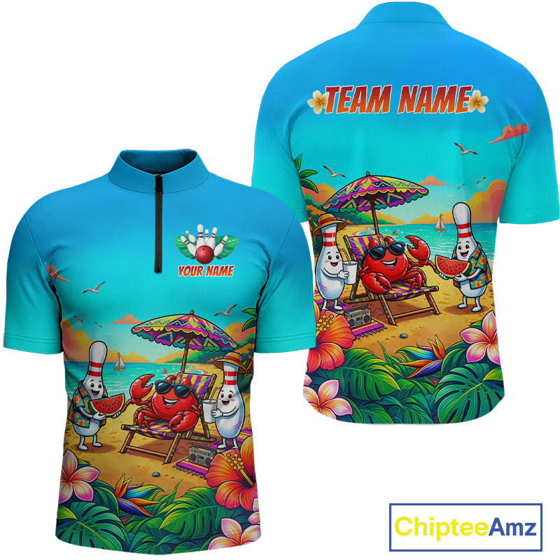 Front and back views of a turquoise beach-themed bowling quarter zip with tropical flowers, a crab on a lounge chair, bowling pin characters, and custom team text.