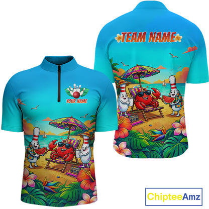 Front and back views of a turquoise beach-themed bowling quarter zip with tropical flowers, a crab on a lounge chair, bowling pin characters, and custom team text.