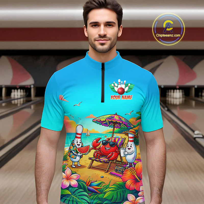 Man wearing a turquoise beach-themed bowling quarter zip with tropical flowers, a crab on a lounge chair, bowling pin characters, and custom team text.