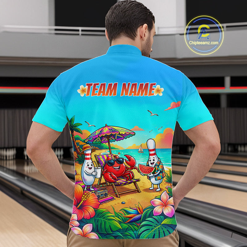Man wearing a turquoise beach-themed bowling quarter zip with tropical flowers, a crab on a lounge chair, bowling pin characters, and custom team text.