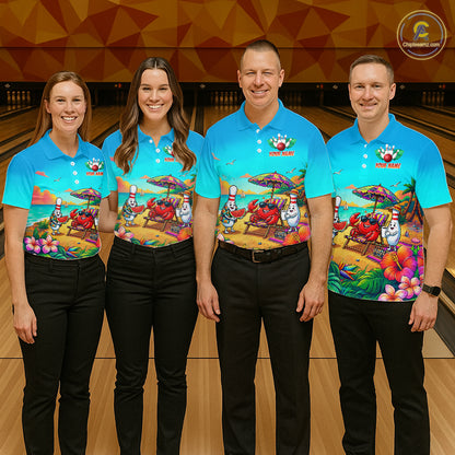 Four people wearing turquoise beach-themed bowling polo with tropical flowers, a crab on a lounge chair, bowling pin characters, and custom team text.