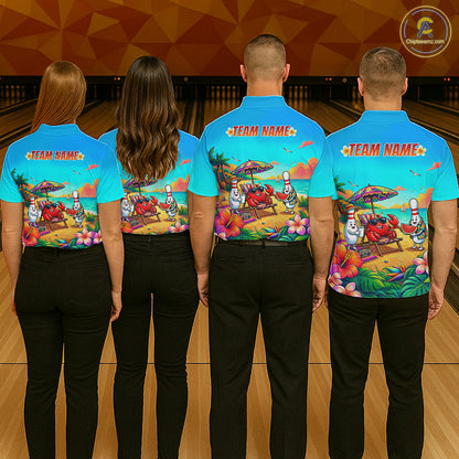 Four people wearing turquoise beach-themed bowling polo with tropical flowers, a crab on a lounge chair, bowling pin characters, and custom team text.