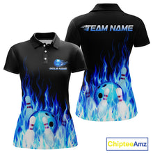 Load image into Gallery viewer, Black polo shirt with blue flame design and bowling elements, customizable with 'Your Name' and 'Team Name'.