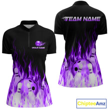 Load image into Gallery viewer, Black polo shirt with purple flame design and bowling elements, customizable text on a white background.