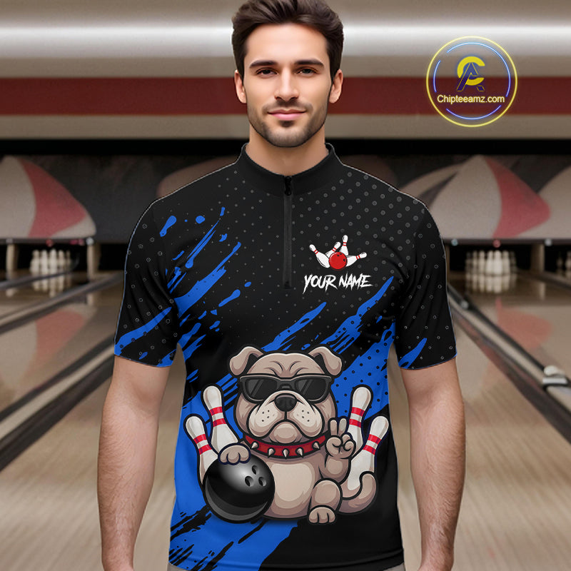 Men’s blue Bulldog bowling quarter zip shirt, front view on male model in bowling lane 