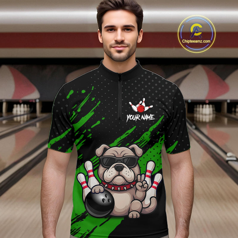 Men’s green Bulldog bowling quarter zip shirt, front view on male model in bowling lane 