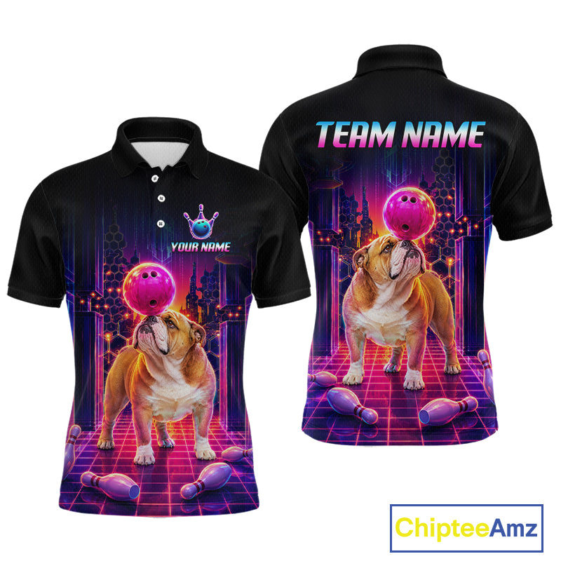 Men’s retro Bulldog neon synthwave bowling polo shirt with custom name, front view on white background.
