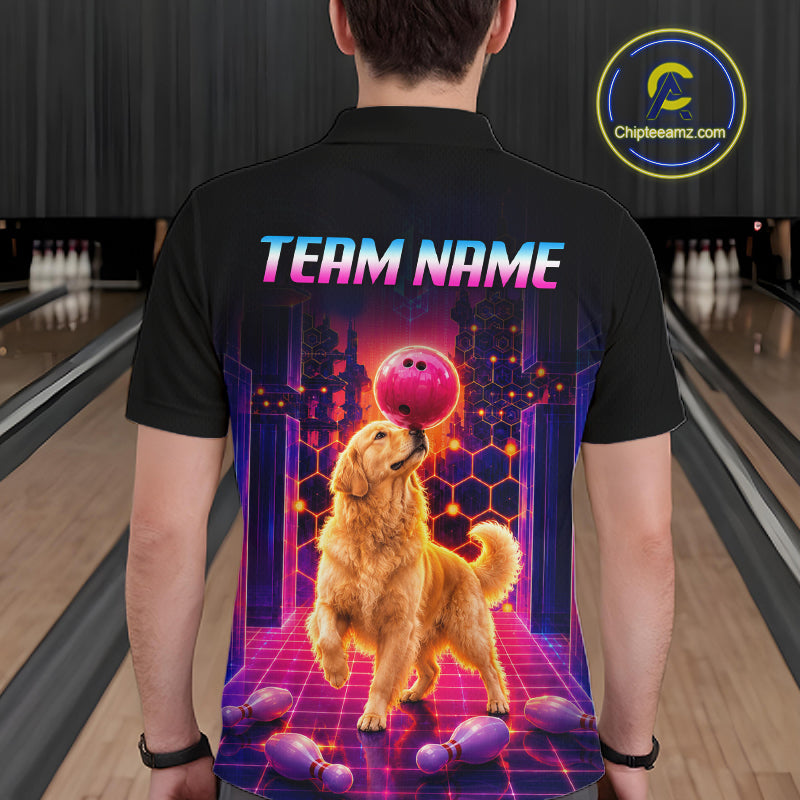 Men’s retro Golden Retriever Dog neon synthwave bowling polo shirt, back view on male model in bowling lane 