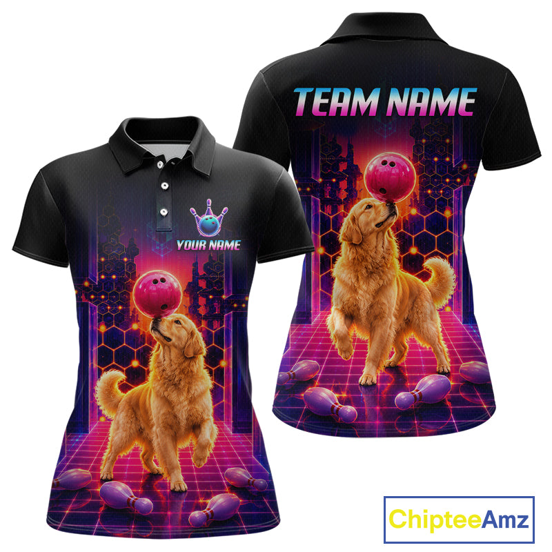 Women’s retro Golden Retriever Dog neon synthwave bowling polo shirt, front view on white background.