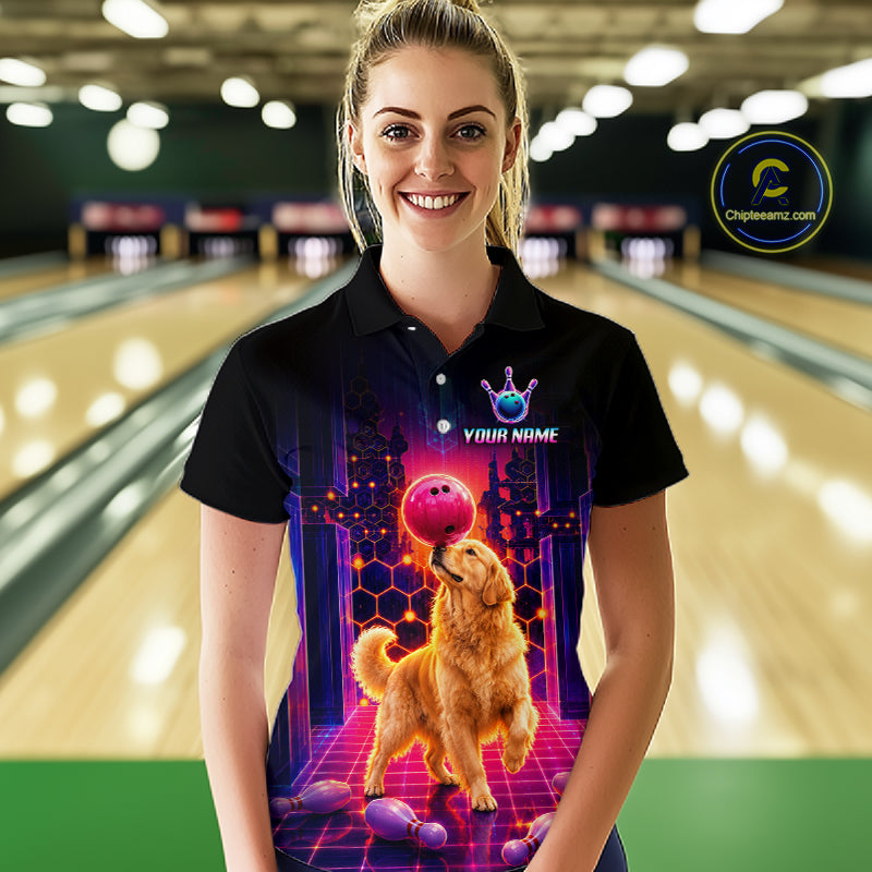 Women’s retro Golden Retriever Dog neon synthwave bowling polo shirt, front view on female model in bowling lane 