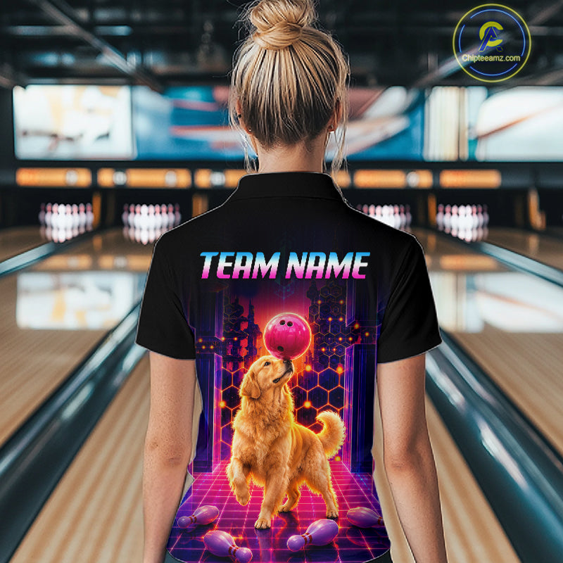 Women’s retro Golden Retriever Dog neon synthwave bowling polo shirt, back view on female model in bowling lane 