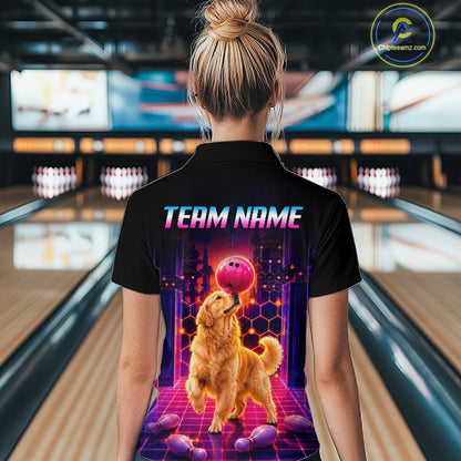 Women’s retro Golden Retriever Dog neon synthwave bowling polo shirt, back view on female model in bowling lane 