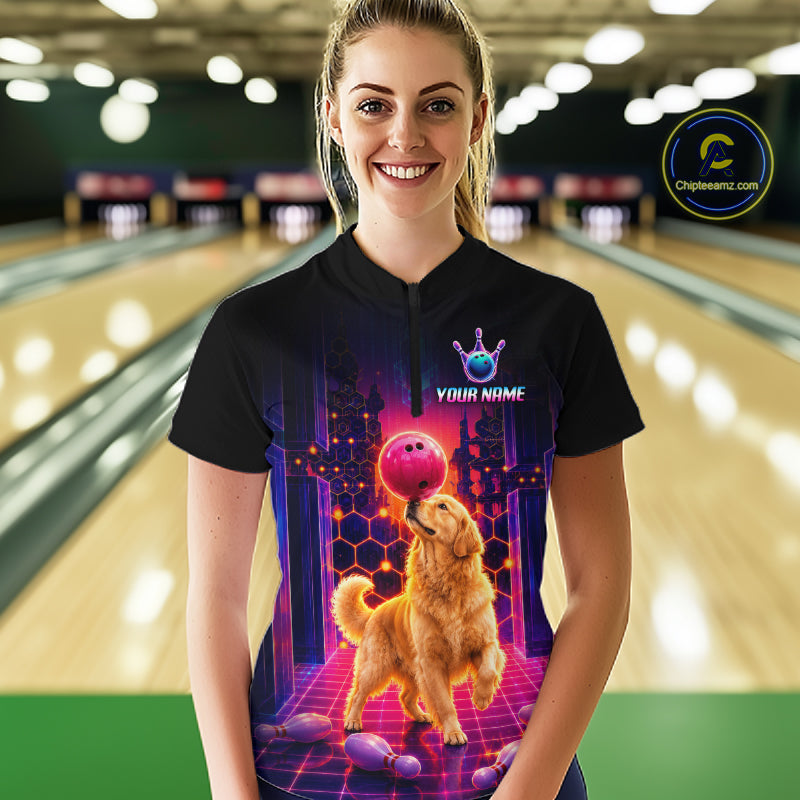 Women’s retro Golden Retriever Dog neon synthwave bowling quarter zip shirt, front view on female model