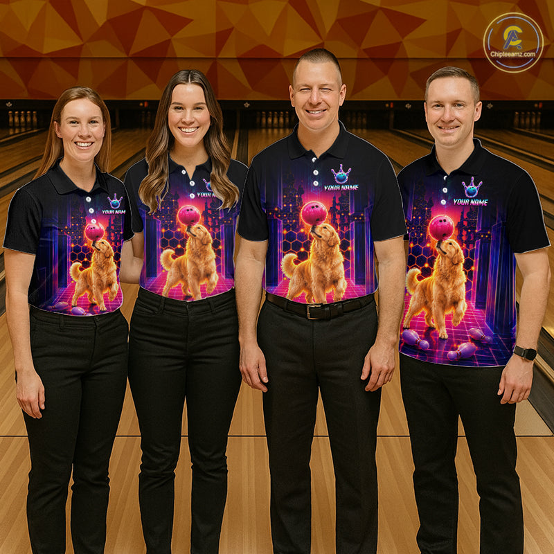 Group of bowlers in Golden Retriever Dog neon synthwave team shirts, personalized bowling uniforms front view