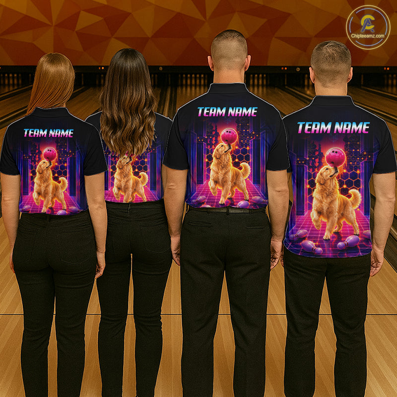 Group of bowlers in Golden Retriever Dog neon synthwave team shirts, personalized bowling uniforms back view