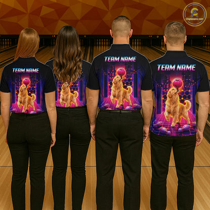Group of bowlers in Golden Retriever Dog neon synthwave team shirts, personalized bowling uniforms back view