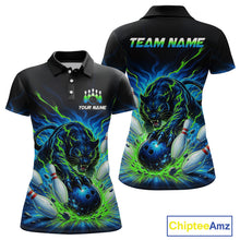 Load image into Gallery viewer, Black polo shirt with a panther and bowling design, customizable with 'Your Name' and 'Team Name'.