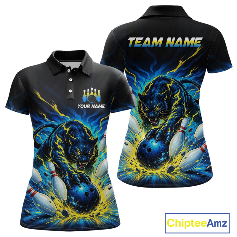 Black polo shirt with a panther and bowling design on a white background, featuring 'Chiptee Amz' branding.