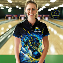 Load image into Gallery viewer, Woman wearing a custom bowling shirt with a panther design in a bowling alley.