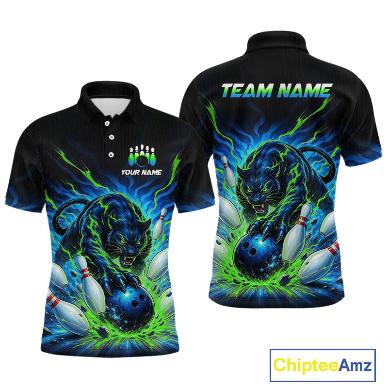Black polo shirt with a panther and bowling design on a white background, featuring 'Chiptee Amz' branding.