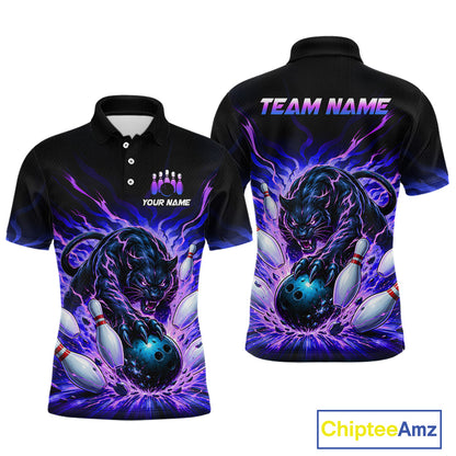 Black panther bowling design on a black polo shirt with customizable text, featuring Chiptee Amz branding.