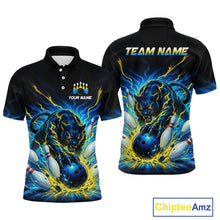 Load image into Gallery viewer, Black polo shirt with a panther and bowling design on a white background, featuring 'Your Name' and 'Team Name' text.