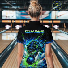 Load image into Gallery viewer, Person wearing a bowling shirt with a panther design and 'TEAM NAME' text in a bowling alley.