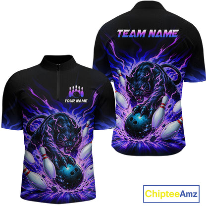 Black panther bowling design on a black shirt with customizable text, featuring Chiptee Amz branding.
