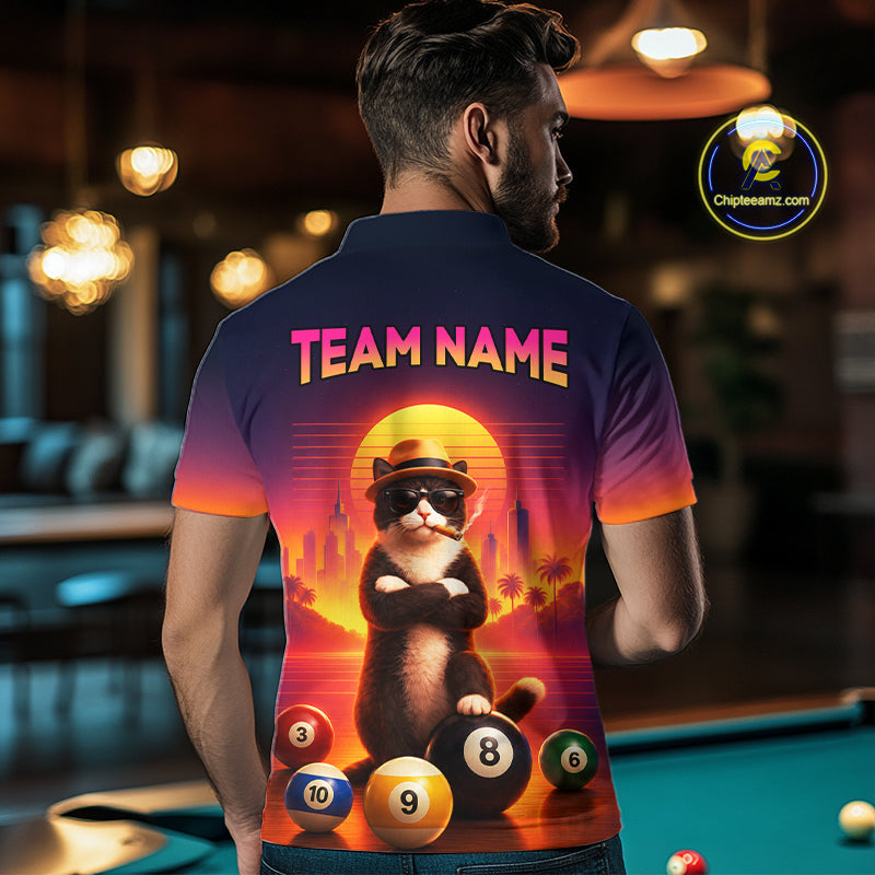 A man shown from behind wearing a short-sleeve polo shirt with a colorful graphic print. The shirt features a cat wearing sunglasses and a hat in front of a sunset, with billiard balls and the text 'TEAM NAME' on the back.