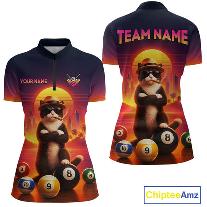 Front and back views of a women's short-sleeve zip-neck polo shirt with a colorful retro sunset graphic featuring a cat wearing sunglasses and a hat, billiard balls, and placeholder text 'TEAM NAME' and 'YOUR NAME'.
