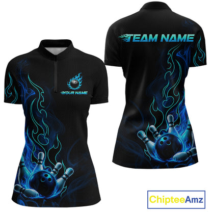 Black short-sleeve women's polo shirt shown from the front and back, featuring a blue and black bowling-themed flame graphic with bowling balls and pins, customizable text on the chest and back, and a ChipteeAmz logo in the bottom right corner.