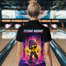 Load image into Gallery viewer, Women’s neon synthwave rocker bowling polo shirt, back view on female model in bowling lane 